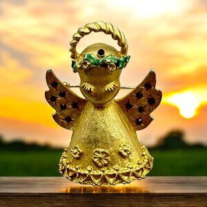 Vintage Gold Tone Angel Brooch With Red Rhinestones Accents Floral Details